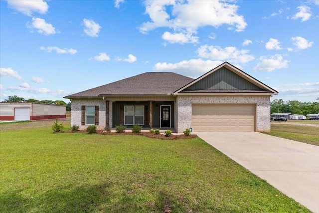 ranch-style house featuring an attached garage, concrete driveway, brick siding, and a front yard