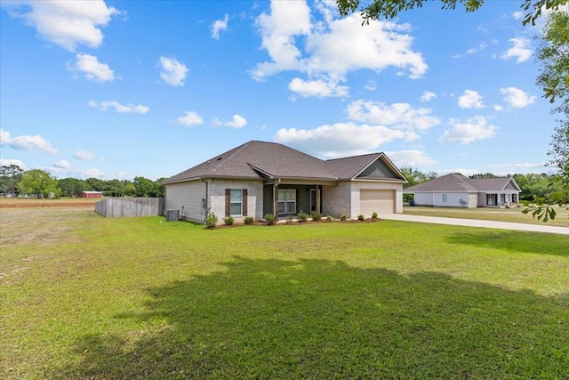 single story home with fence, central AC, a garage, a front yard, and concrete driveway
