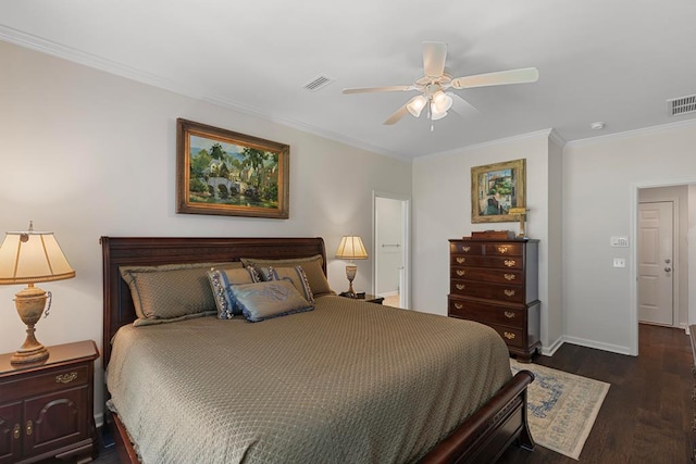 bedroom with baseboards, visible vents, dark wood-style floors, ceiling fan, and crown molding