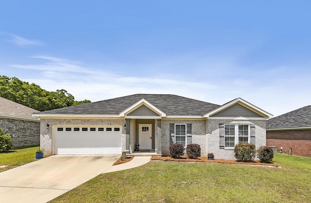 ranch-style home featuring a front yard, an attached garage, brick siding, and driveway