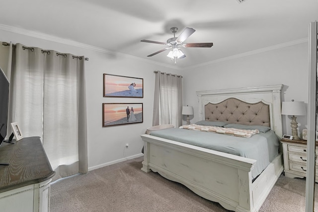 bedroom with baseboards, ceiling fan, crown molding, and light colored carpet
