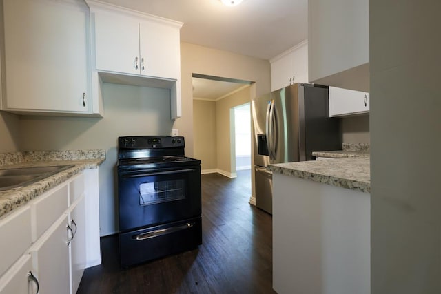 kitchen with dark wood-type flooring, white cabinets, black range with electric stovetop, crown molding, and stainless steel fridge with ice dispenser