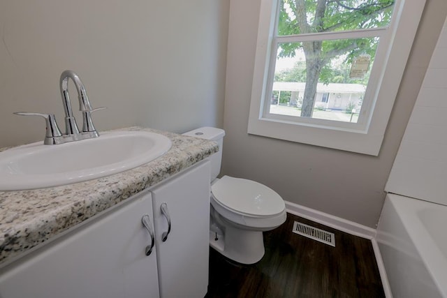 bathroom with vanity, wood-type flooring, and toilet