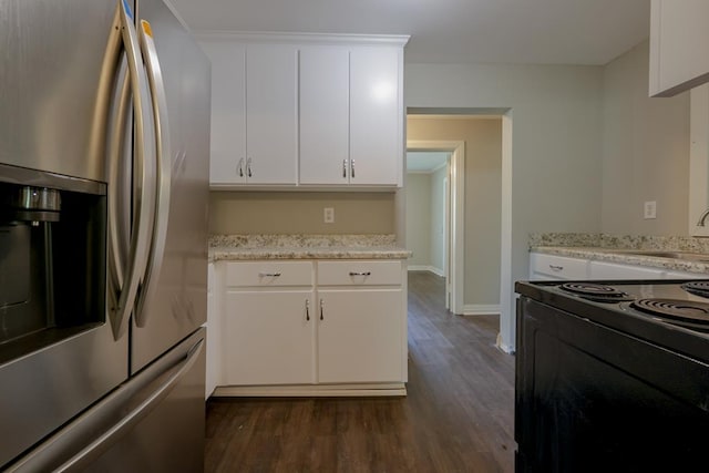 kitchen with stainless steel fridge with ice dispenser, dark hardwood / wood-style flooring, white cabinets, and electric range