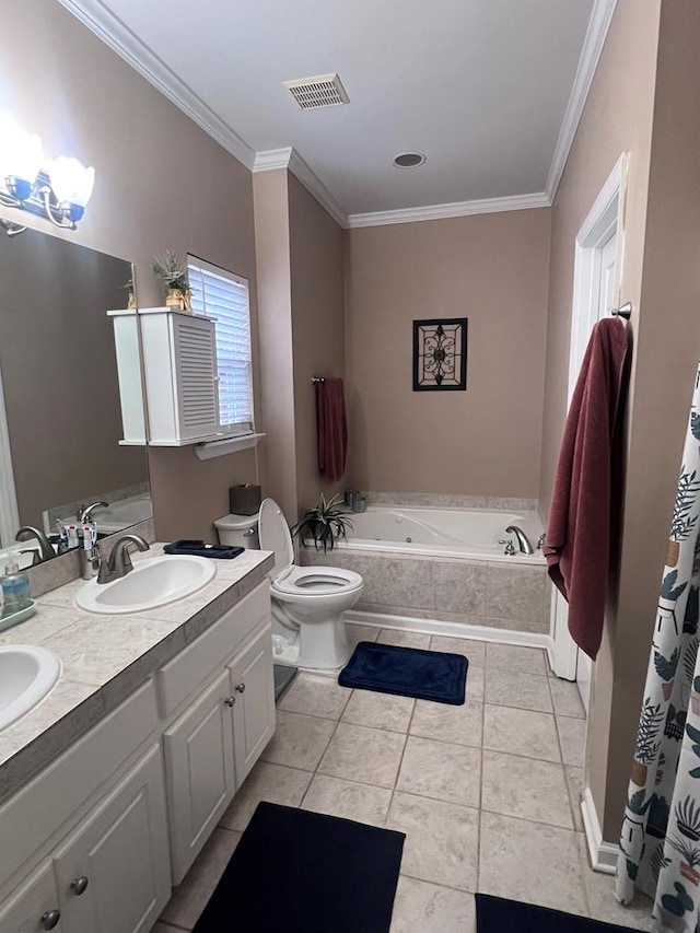 bathroom featuring visible vents, ornamental molding, tile patterned floors, a sink, and a bath