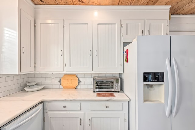 702 W Lee St, Enterprise, AL 36330 - kitchen featuring white appliances, wood ceiling, white cabinets, backsplash, and ornamental molding