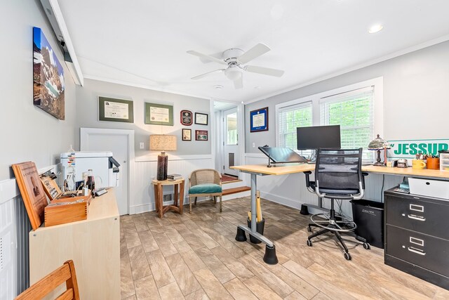 702 W Lee St, Enterprise, AL 36330 - office area featuring ornamental molding, ceiling fan, light wood-style floors, a wainscoted wall, and recessed lighting