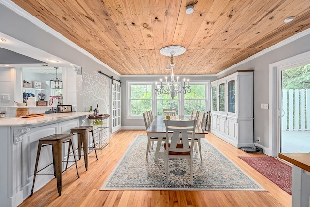 702 W Lee St, Enterprise, AL 36330 - dining area featuring crown molding, wood ceiling, light wood-type flooring, plenty of natural light, and a chandelier