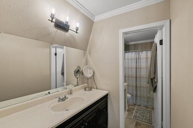 bathroom featuring a shower with curtain, a textured ceiling, vanity, toilet, and ornamental molding