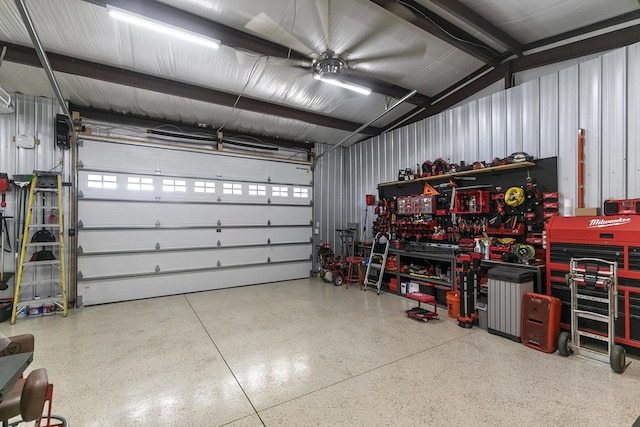 garage with a workshop area