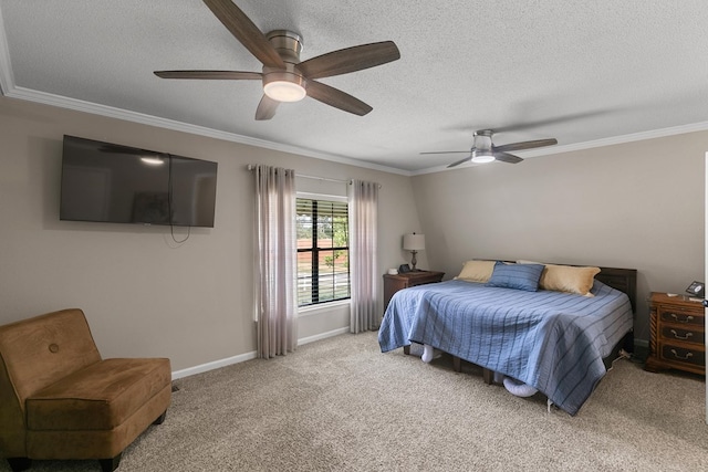 bedroom with a textured ceiling, light colored carpet, and ornamental molding