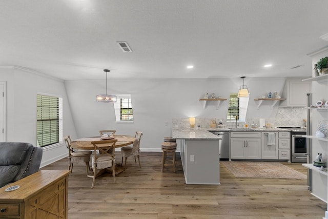 kitchen featuring open shelves, appliances with stainless steel finishes, a healthy amount of sunlight, and tasteful backsplash