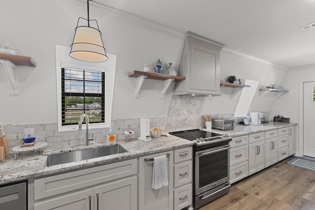 kitchen with open shelves, a sink, electric stove, tasteful backsplash, and ornamental molding
