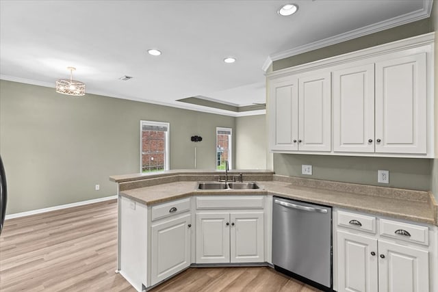 133 Brockton Ct, Dothan, AL 36305 - kitchen featuring stainless steel dishwasher, ornamental molding, white cabinetry, recessed lighting, and a peninsula