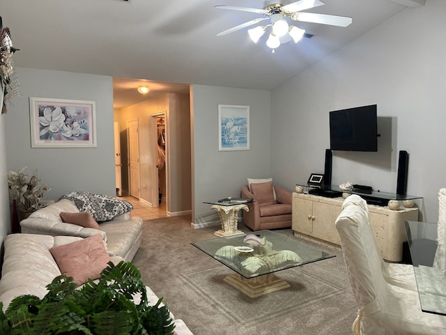 204 Melrose Ln, Dothan, AL 36303 - living area with a ceiling fan, light colored carpet, and vaulted ceiling
