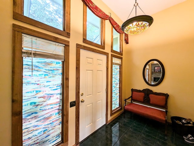 entryway featuring dark tile patterned flooring and a towering ceiling