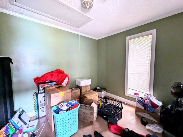 miscellaneous room with carpet, a textured ceiling, and crown molding