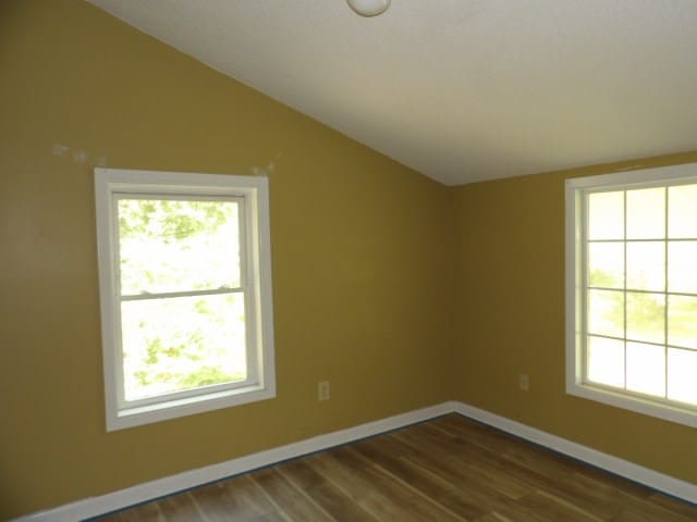 unfurnished room with dark wood-type flooring and lofted ceiling