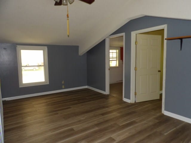 interior space with ceiling fan, dark hardwood / wood-style flooring, and lofted ceiling