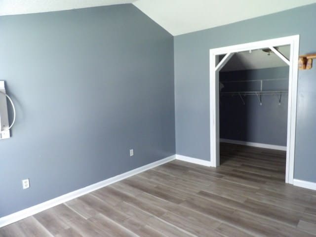 unfurnished bedroom with lofted ceiling, wood-type flooring, and a closet