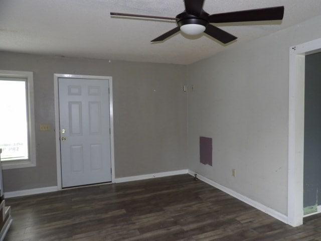 entryway featuring ceiling fan and dark hardwood / wood-style flooring