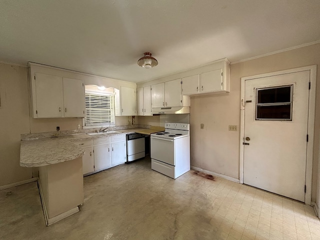 1000 Martin St, Dothan, AL 36301 - kitchen with dishwasher, a sink, a peninsula, under cabinet range hood, and white electric range