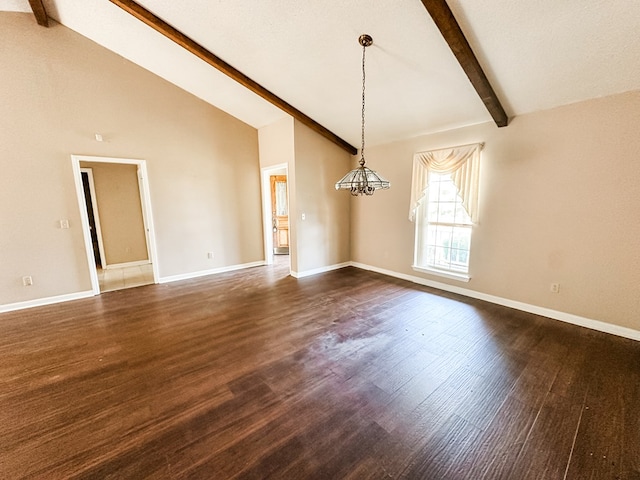 unfurnished dining area featuring baseboards, an inviting chandelier, dark wood-style floors, beam ceiling, and high vaulted ceiling