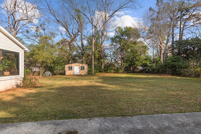 view of yard featuring a storage unit