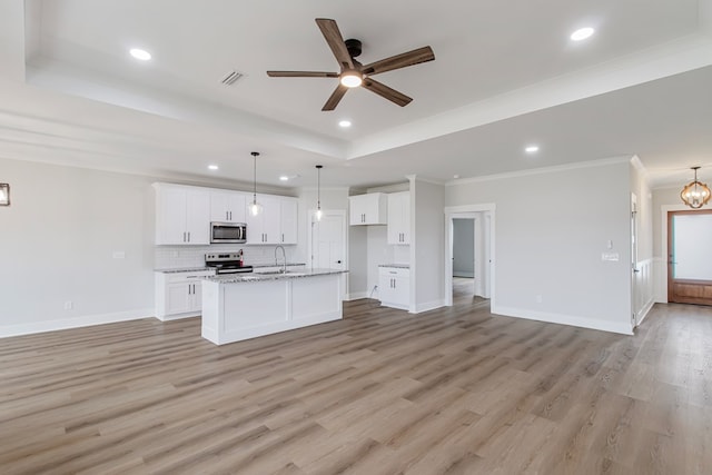 kitchen featuring white cabinetry, a kitchen island with sink, a tray ceiling, stainless steel appliances, and light stone countertops