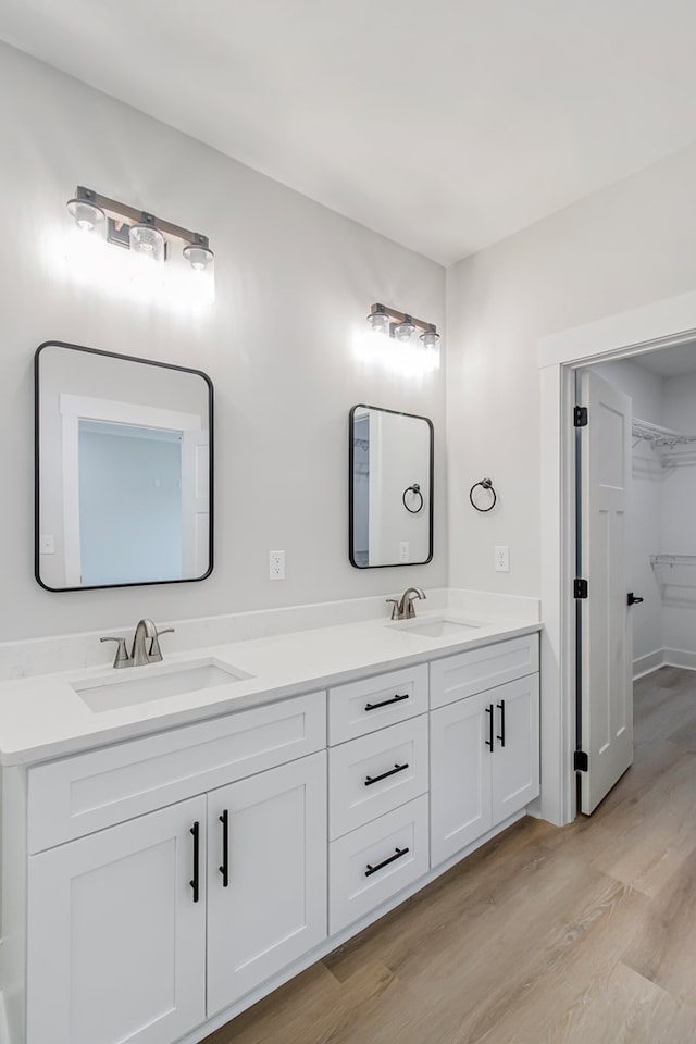 bathroom with wood-type flooring and vanity