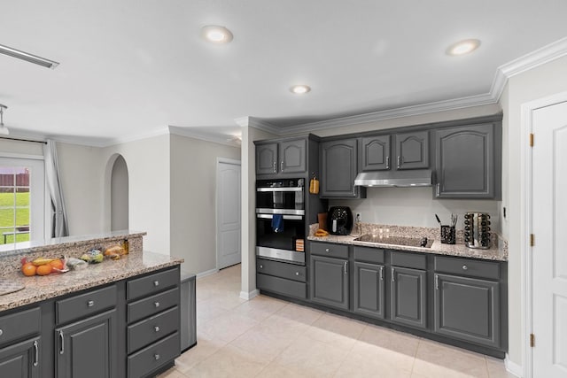 6 Piedmont Pl, Enterprise, AL 36330 - kitchen featuring under cabinet range hood, ornamental molding, black electric stovetop, gray cabinetry, and light stone counters