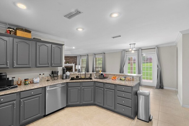 6 Piedmont Pl, Enterprise, AL 36330 - kitchen featuring dishwasher, gray cabinets, a peninsula, ornamental molding, and recessed lighting