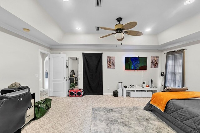 6 Piedmont Pl, Enterprise, AL 36330 - bedroom with carpet flooring, a tray ceiling, recessed lighting, a ceiling fan, and crown molding