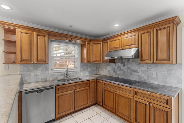 kitchen featuring stainless steel dishwasher, brown cabinetry, black electric cooktop, under cabinet range hood, and a sink