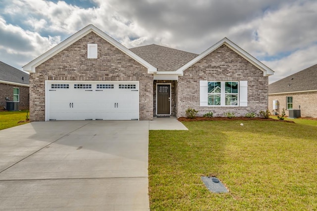 craftsman inspired home featuring central AC, a front lawn, and a garage