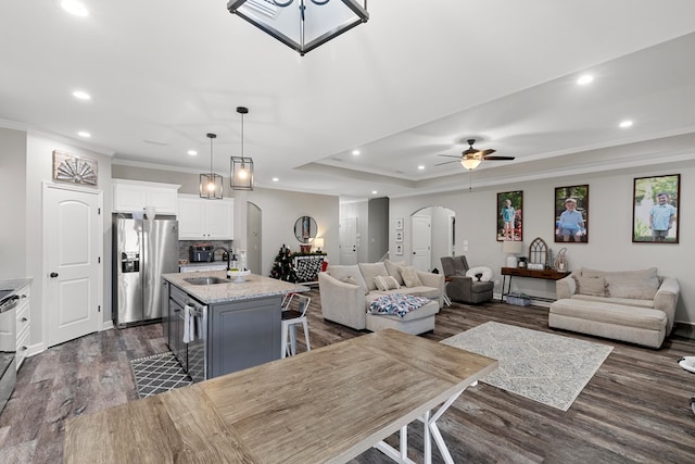 living room featuring ceiling fan, sink, dark hardwood / wood-style floors, crown molding, and a tray ceiling