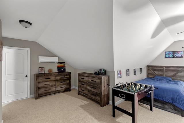 carpeted bedroom featuring a wall unit AC and vaulted ceiling