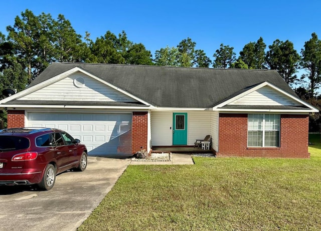 ranch-style house with a front lawn, driveway, brick siding, and a garage