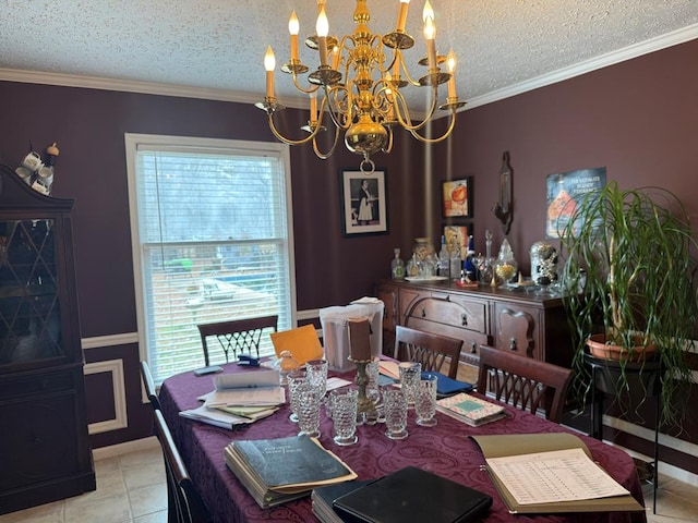 dining area with ornamental molding, a healthy amount of sunlight, and a textured ceiling