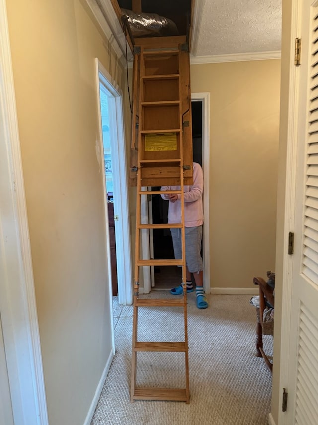 unfurnished bedroom featuring ornamental molding, carpet, and a textured ceiling