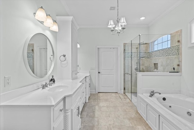 bathroom featuring ornamental molding, a stall shower, and vanity