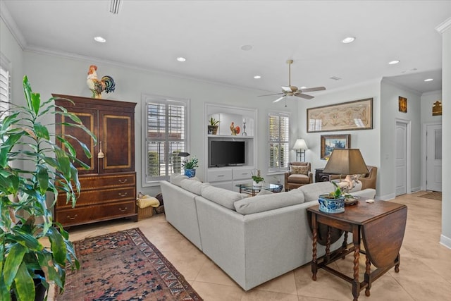 living area featuring light tile patterned floors, ornamental molding, built in features, and recessed lighting