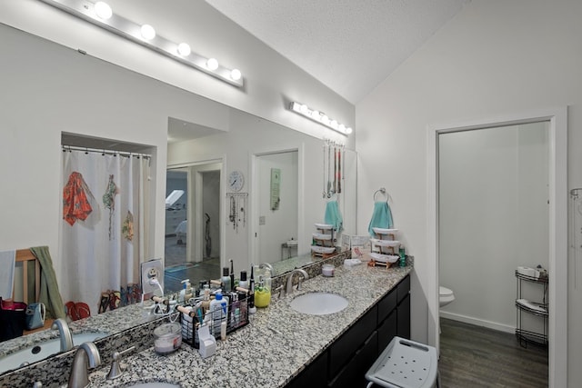 full bathroom with double vanity, wood finished floors, vaulted ceiling, a textured ceiling, and a sink