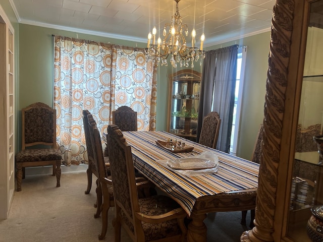 carpeted dining area featuring an inviting chandelier and ornamental molding