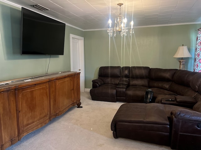 carpeted living room featuring crown molding and a notable chandelier