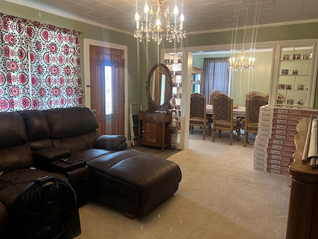 living room featuring ornamental molding, light colored carpet, and an inviting chandelier