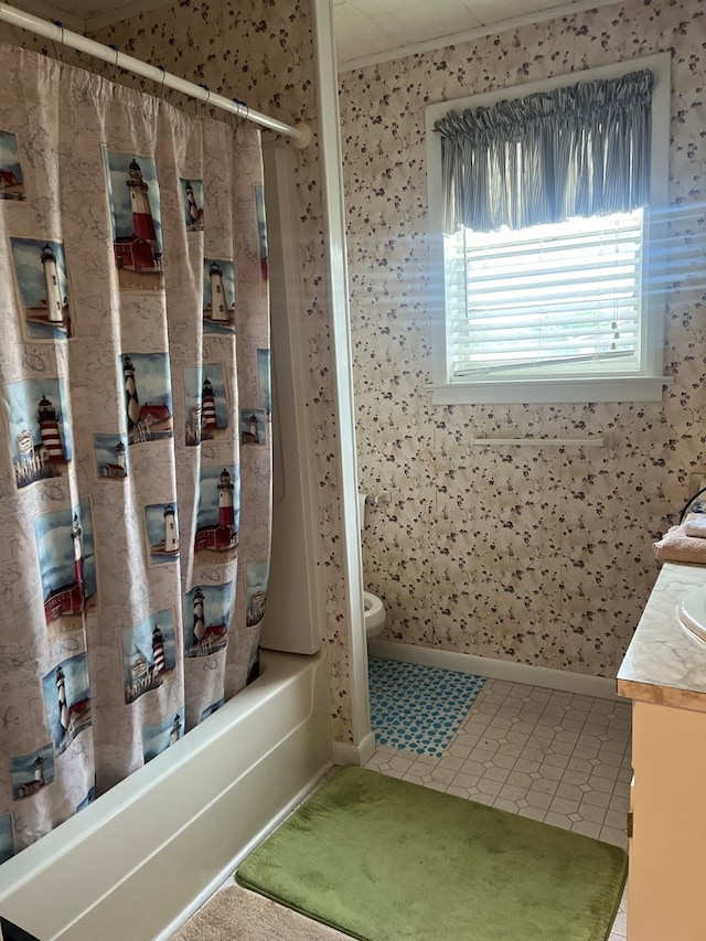 full bathroom with tile patterned flooring, shower / bath combination with curtain, toilet, and vanity