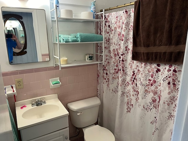 1339 Davis St, Columbia, AL 36319 - bathroom with toilet, vanity, tile walls, and a shower with shower curtain