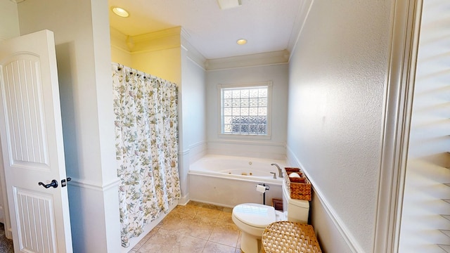 bathroom featuring a shower with shower curtain, toilet, tile patterned floors, a whirlpool tub, and crown molding