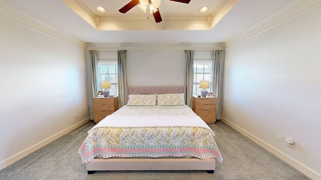 bedroom with multiple windows, a raised ceiling, and crown molding